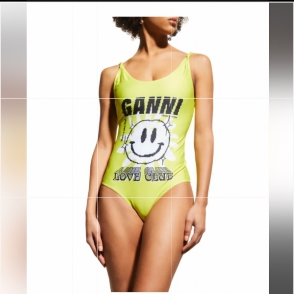 NWT Ganni graphic print neon smiley face one piece Swimsuit